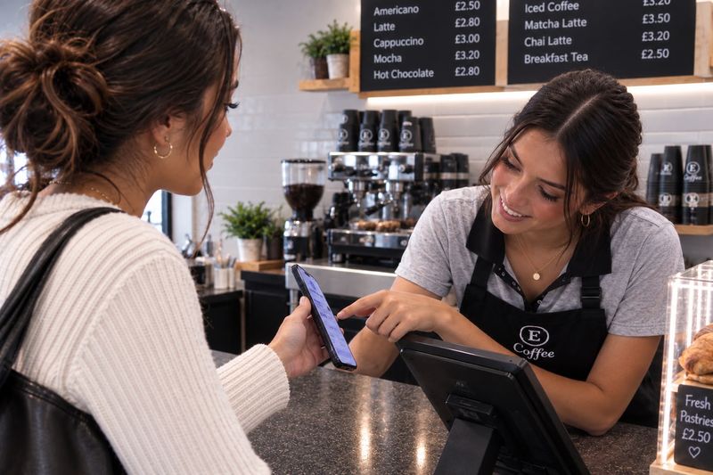 A customer shows a code on her phone to a smiling member of staff at a cafe counter.