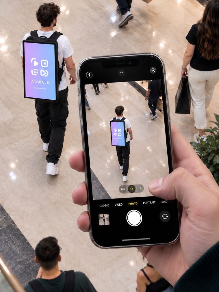 A person walking away wearing the AdWalk backpack. The screen on their back shows an Advertise here ad with a QR code, and someone nearby points their phone camera at it.