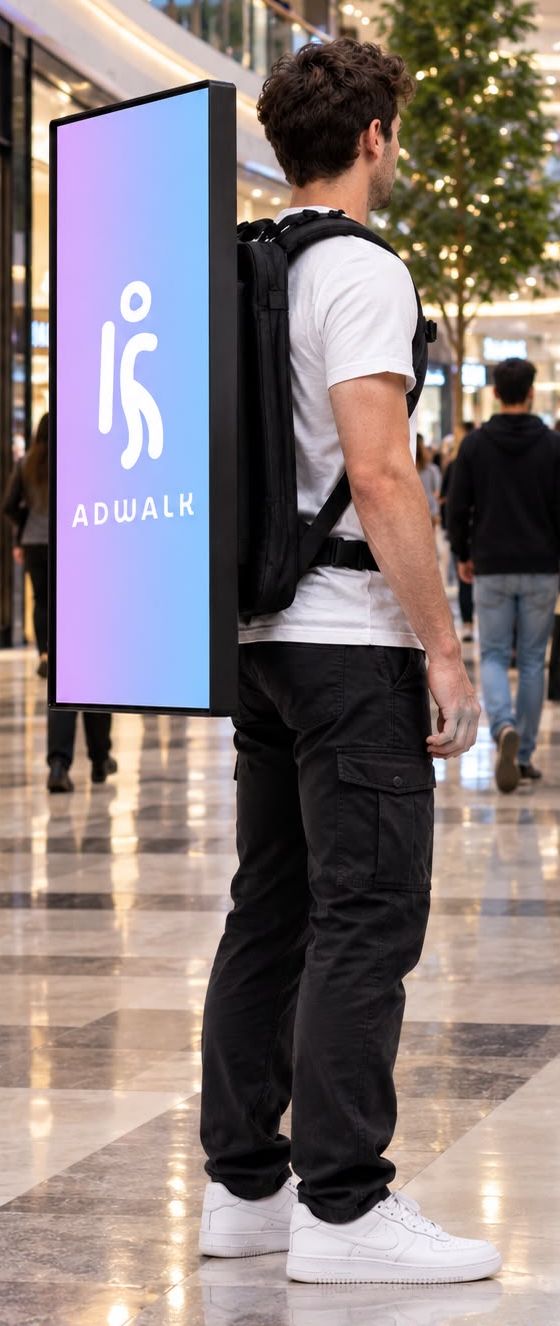 A person wearing the AdWalk LED screen backpack, with the screen showing the AdWalk logo.